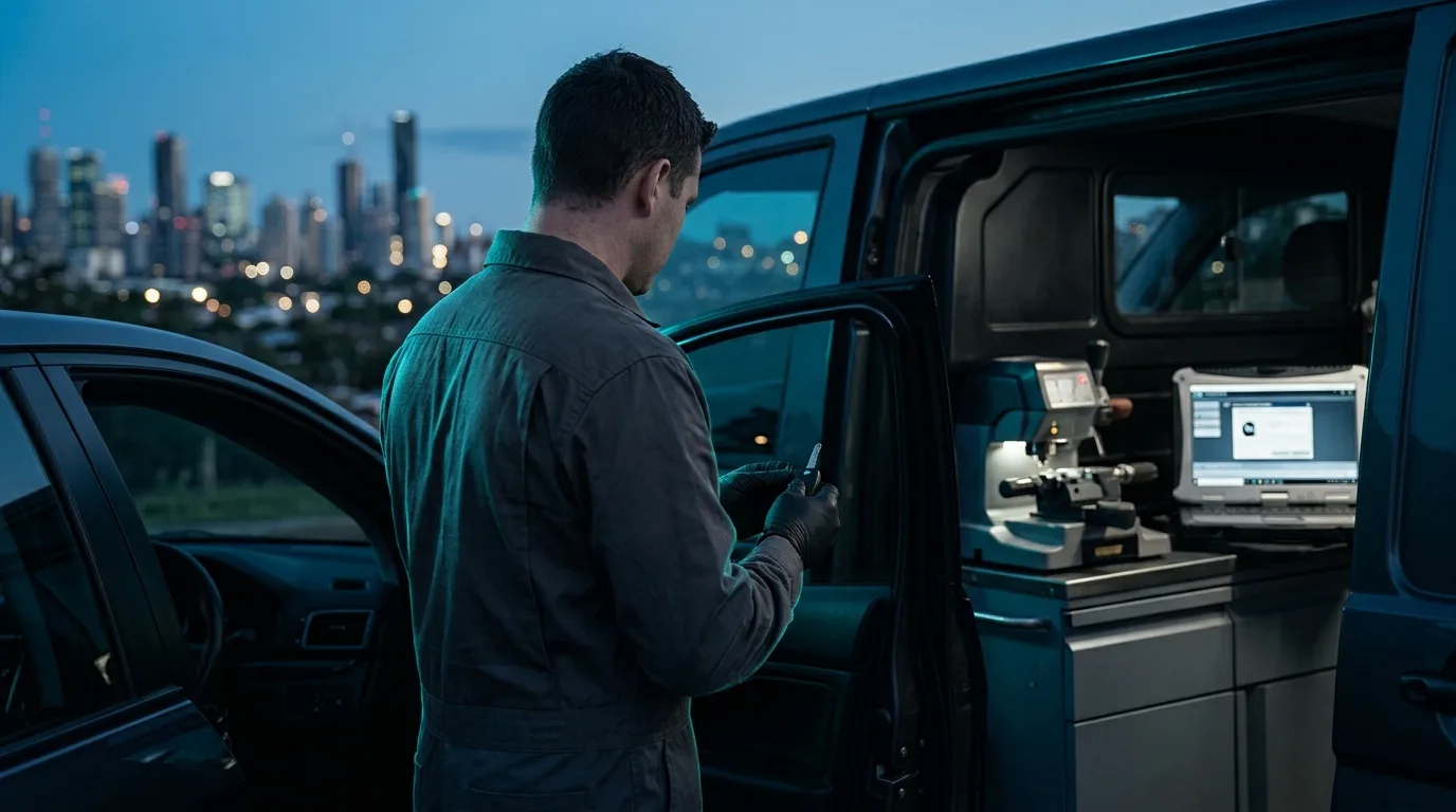 Mobile automotive locksmith cutting and programming a car key beside a car at dusk with the Brisbane skyline behind